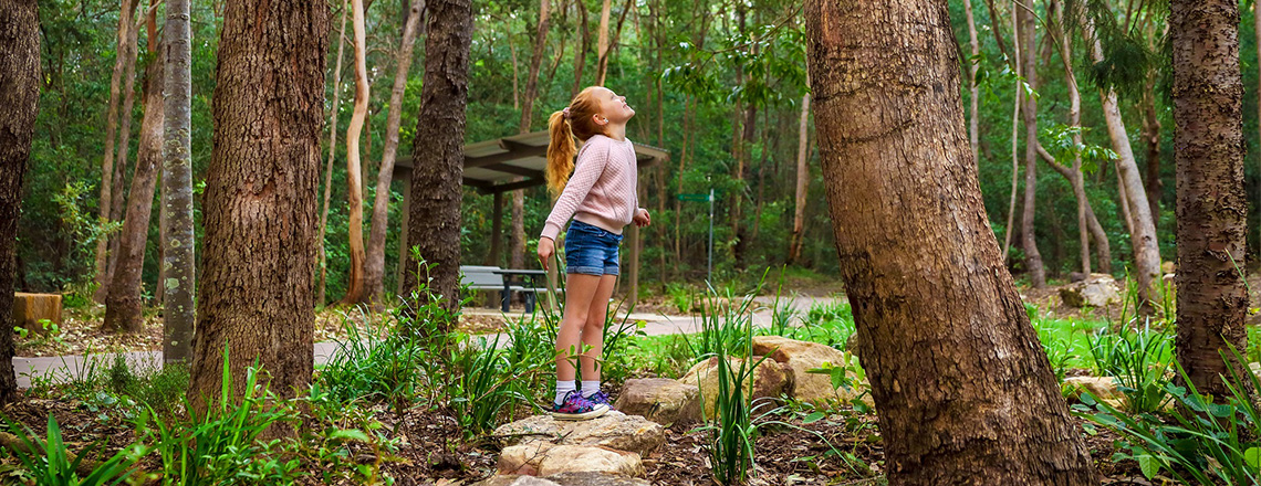 Girl looking up at trees