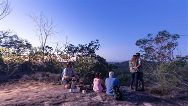 Group of people at lookout at dusk
